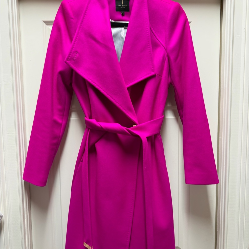 Ted Baker fuschia belted wool wrap coat; midi length